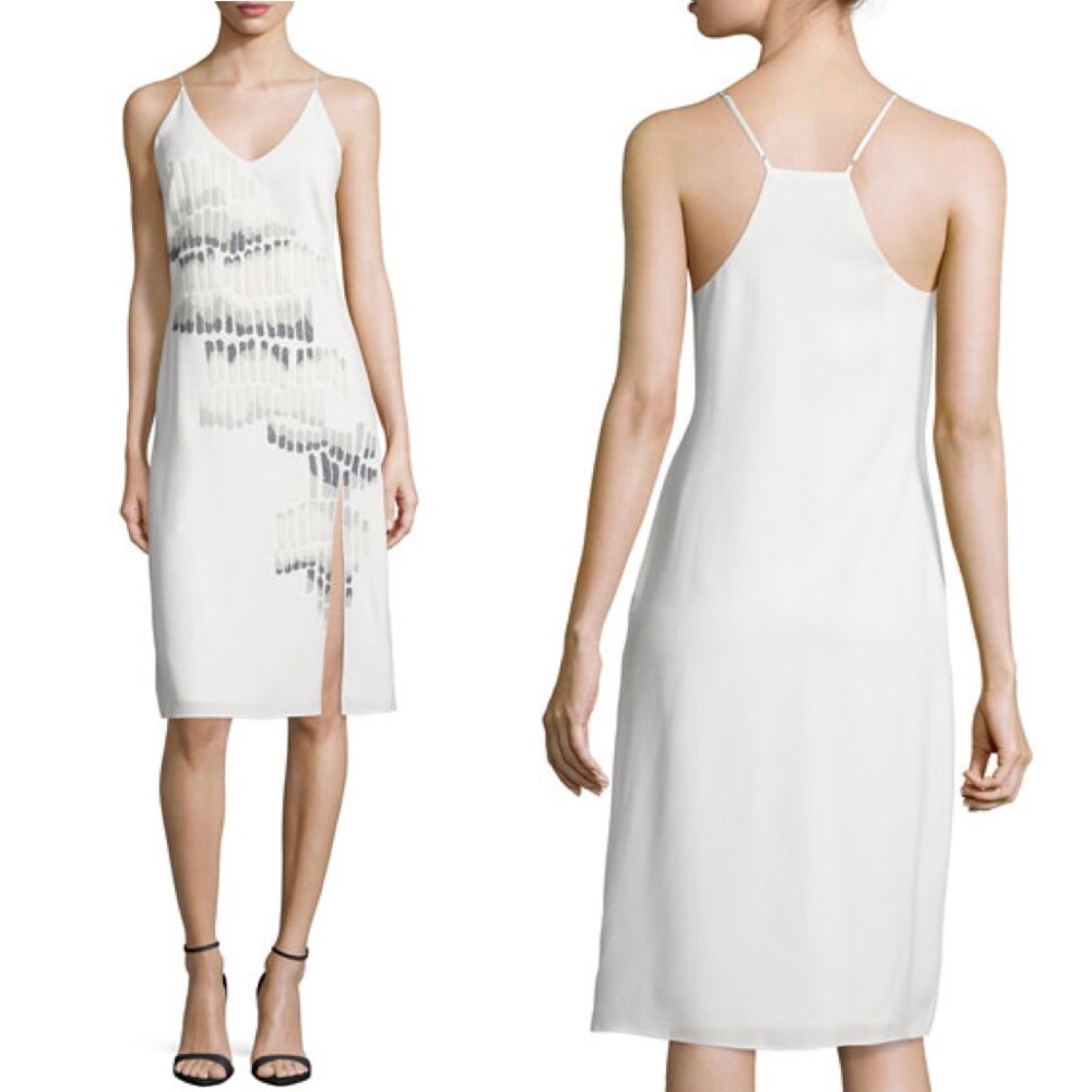 Halston Heritage Embroidered Beaded Artsy V-neck Sleeveless White Dress size 6